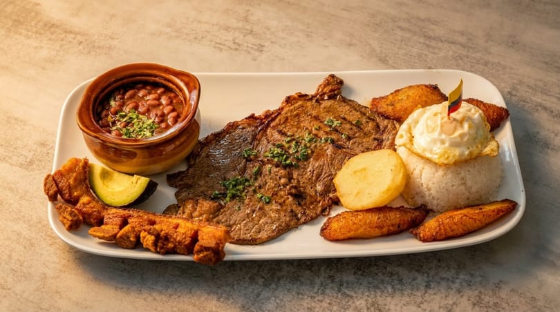 A large platter of Bandeja Paisa with steak, beans, rice, fried egg, plantains, avocado, and chicharron.